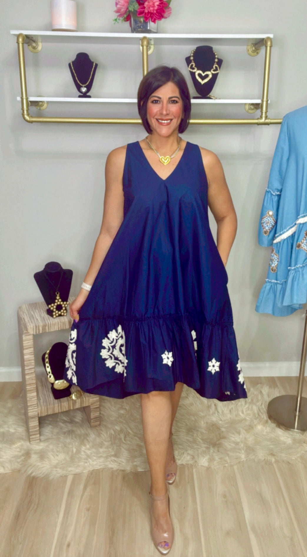 Italian Sleeveless Embroidery Hem Dress