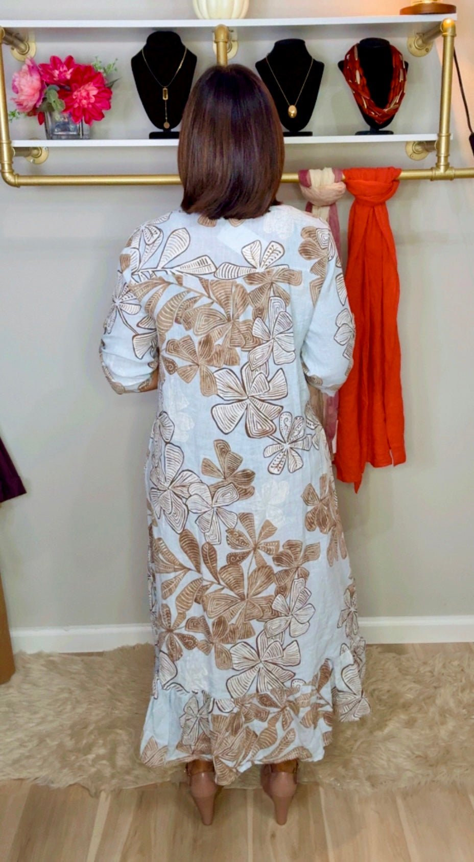 Italian Neck Sequin Linen Dress