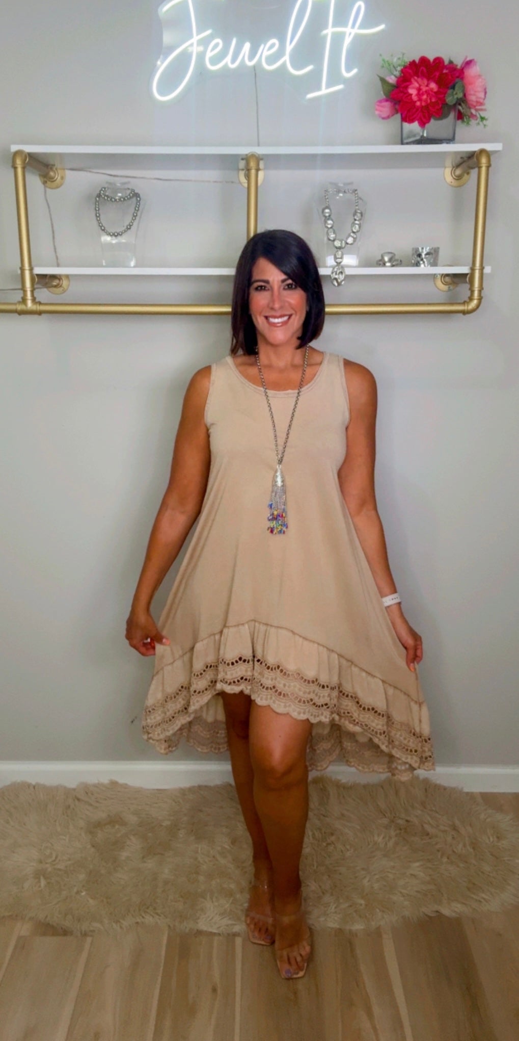 Italian Eyelet Hem High Low Dress