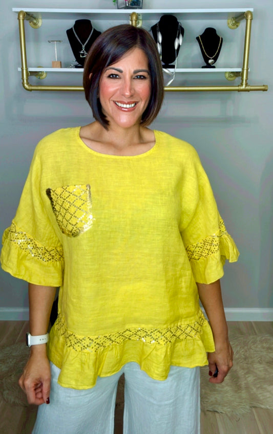 Italian Ruffle Linen Blouse