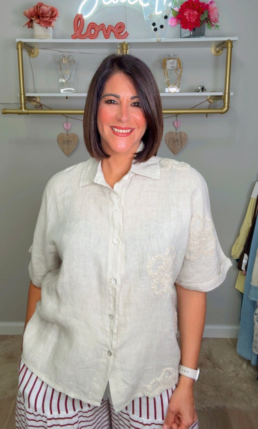 Italian Distressed Flower Linen Blouse