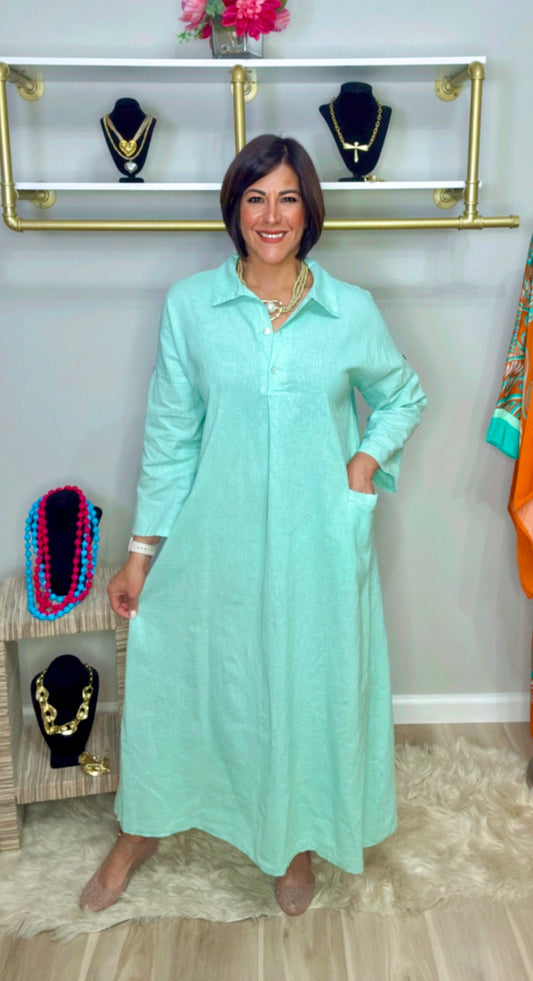 Italian Front Pocket Linen Dress