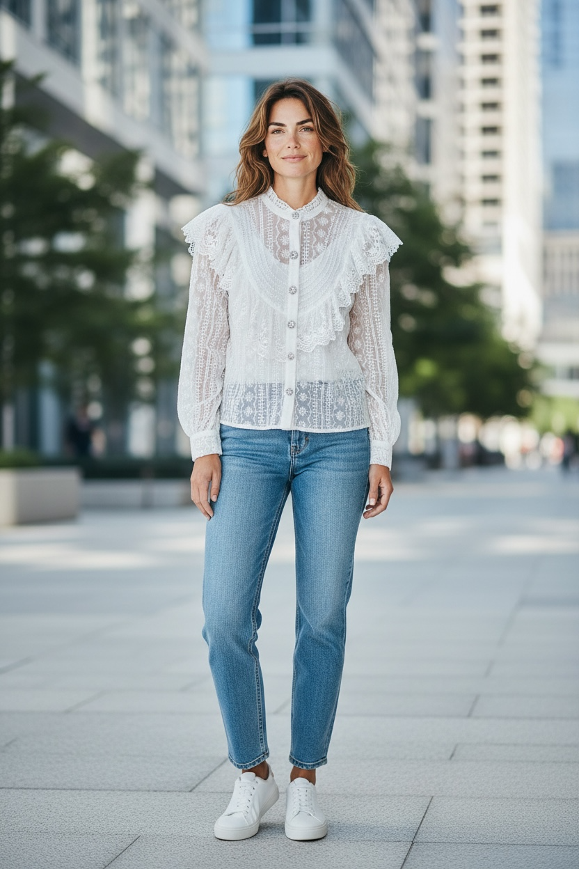Italian Ruffle with Rhinestones Buttons blouse