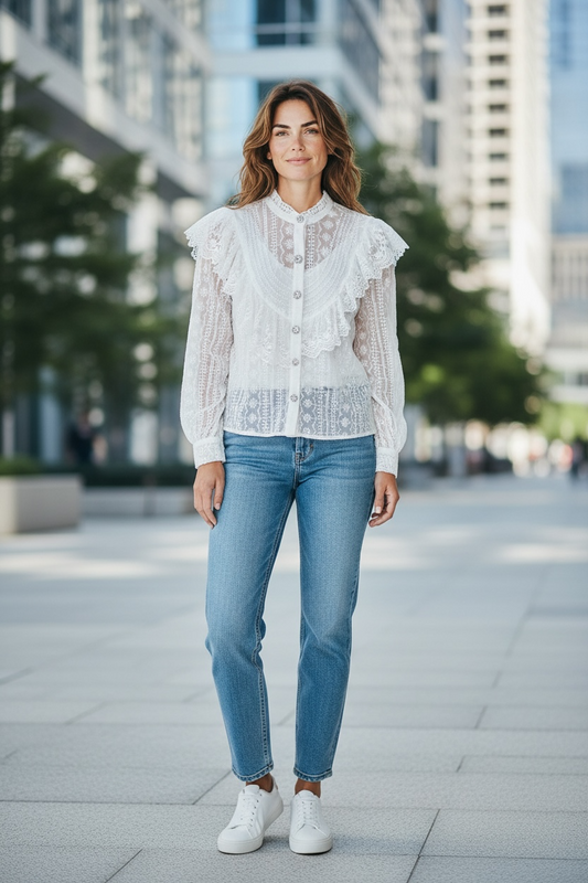 Italian Ruffle with Rhinestones Buttons blouse