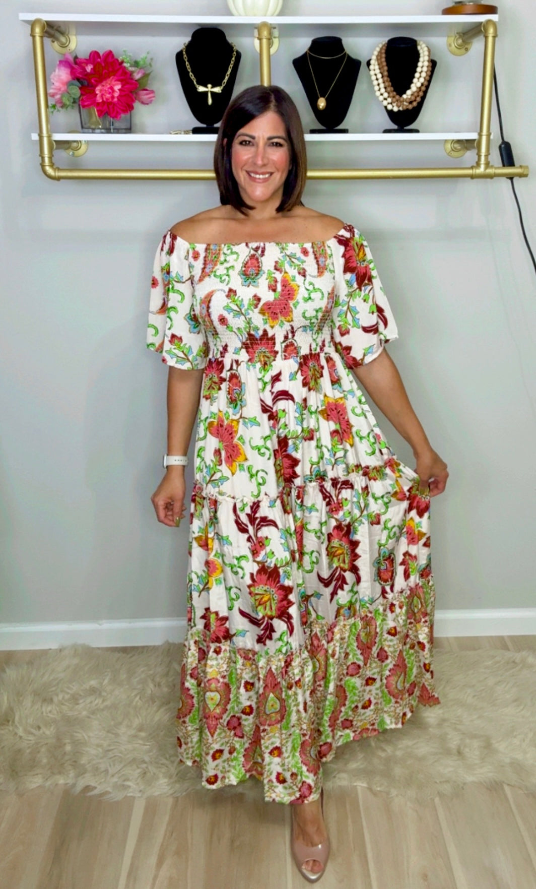 Off Shoulder Stamped Maxi