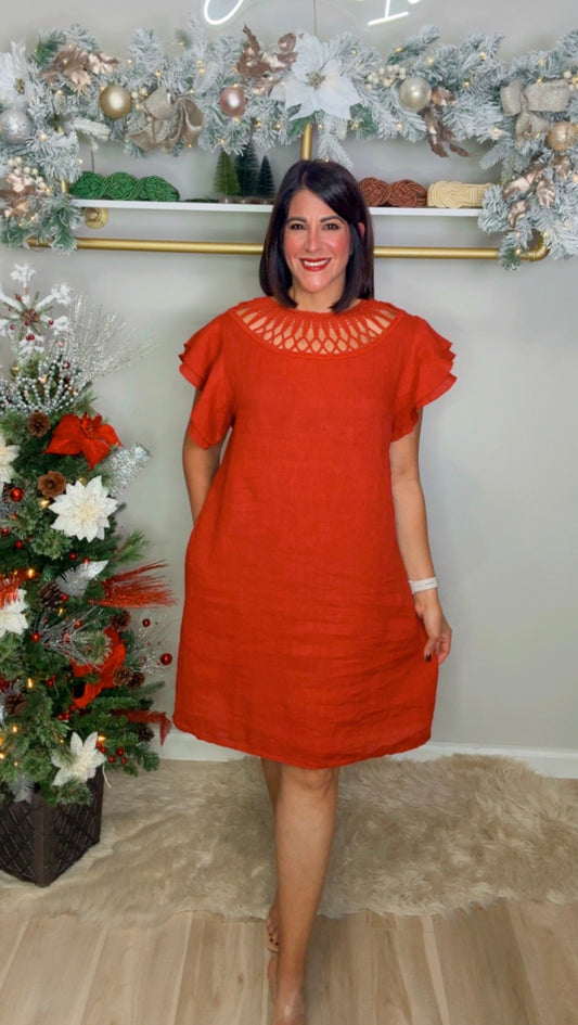 Italian Neck Detail Linen Dress