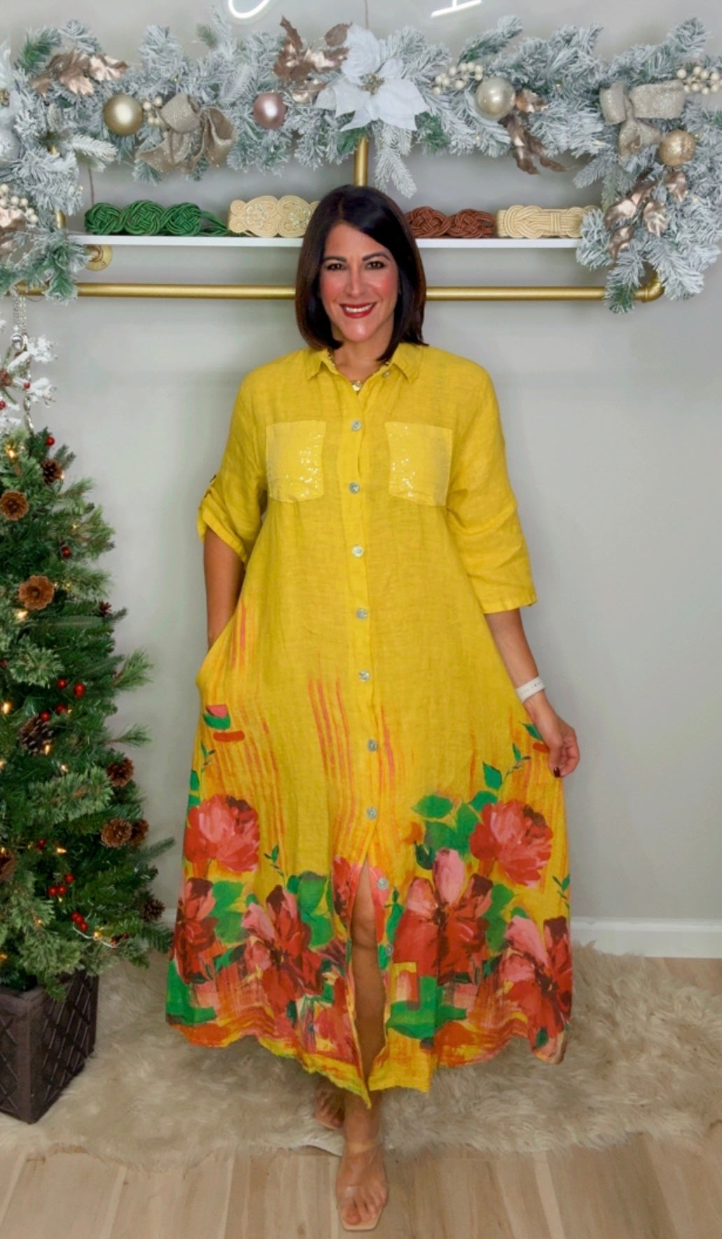 Italian Flower Stamped Linen Dress