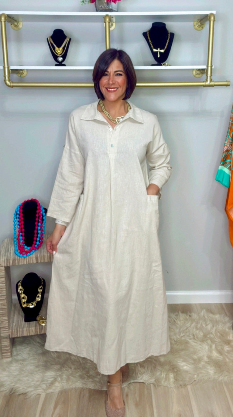 Italian Front Pocket Linen Dress