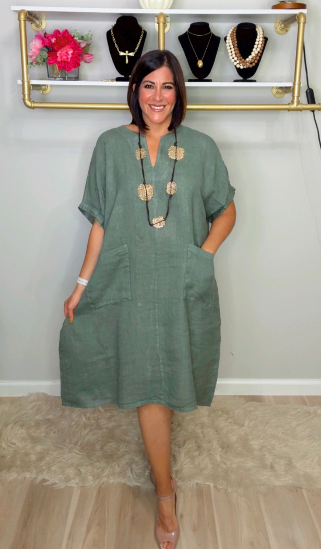 Italian Front Pockets Linen Midi