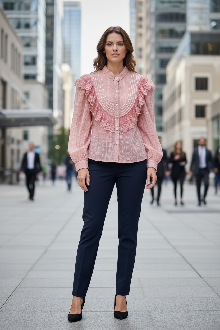 Italian Ruffle with Rhinestones Buttons blouse