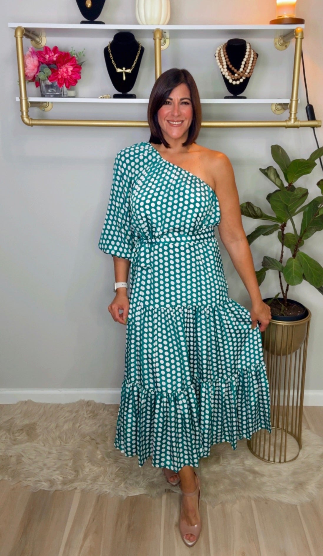 One Shoulder Polka Dots Dress