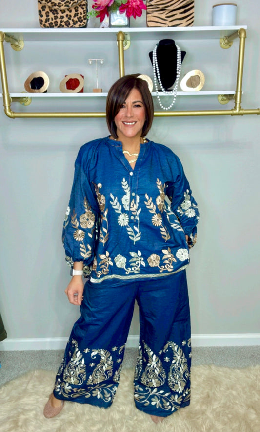 Italian Flower Embroidery Pant Set