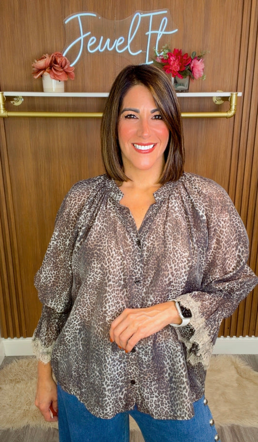 Italian Animal Print Blouse with Lace