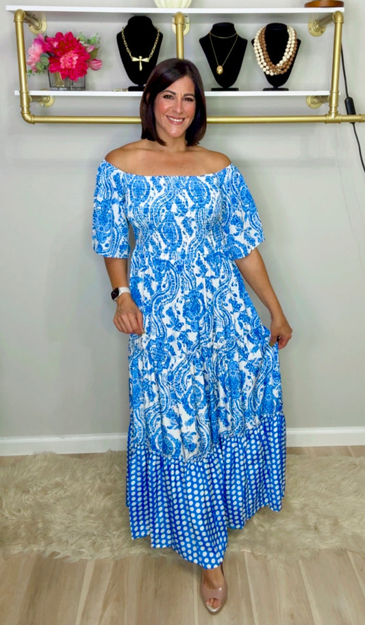 Off Shoulder Stamped Maxi