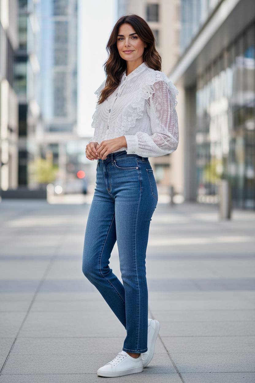 Italian Ruffle with Rhinestones Buttons blouse
