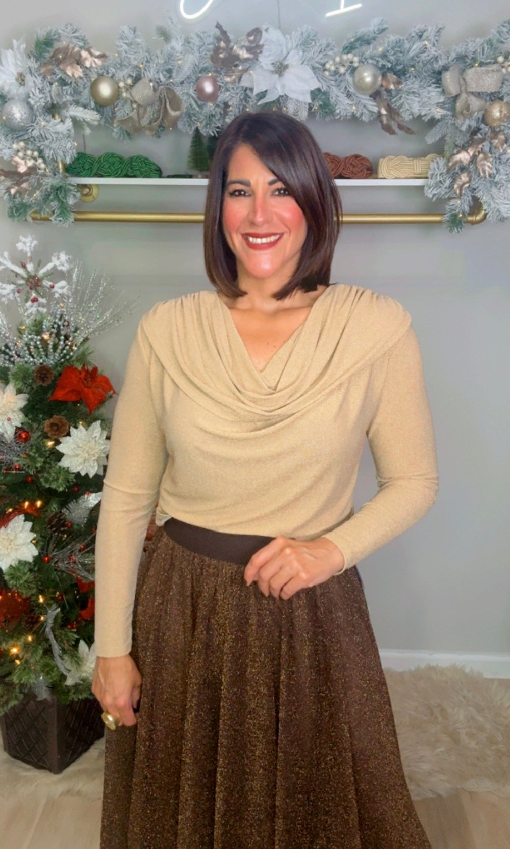 Italian Lurex Cascade Neck Blouse.