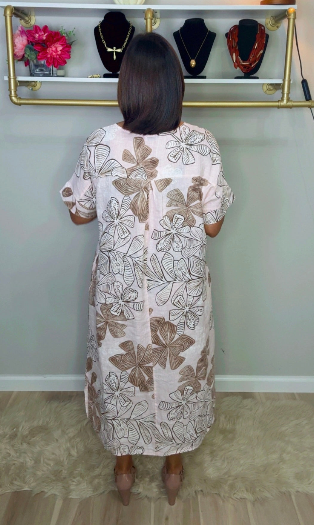 Italian Linen V Neck Stamped Dress