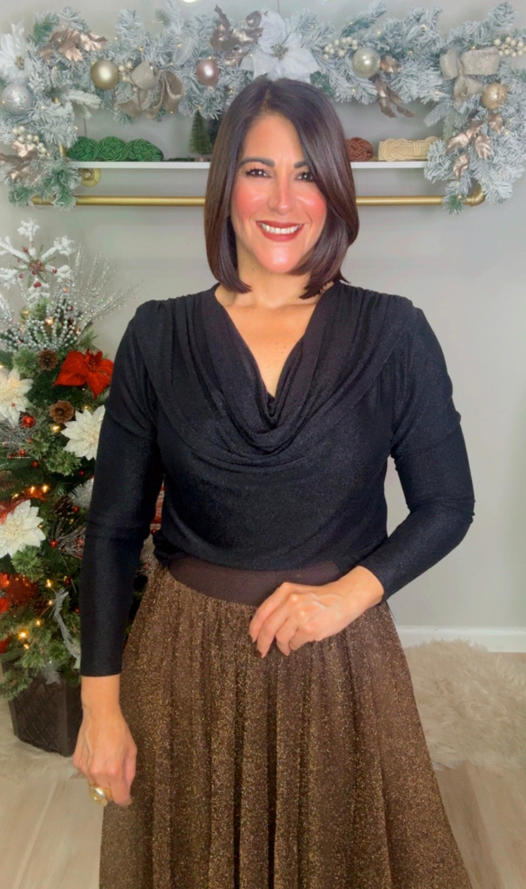 Italian Lurex Cascade Neck Blouse.