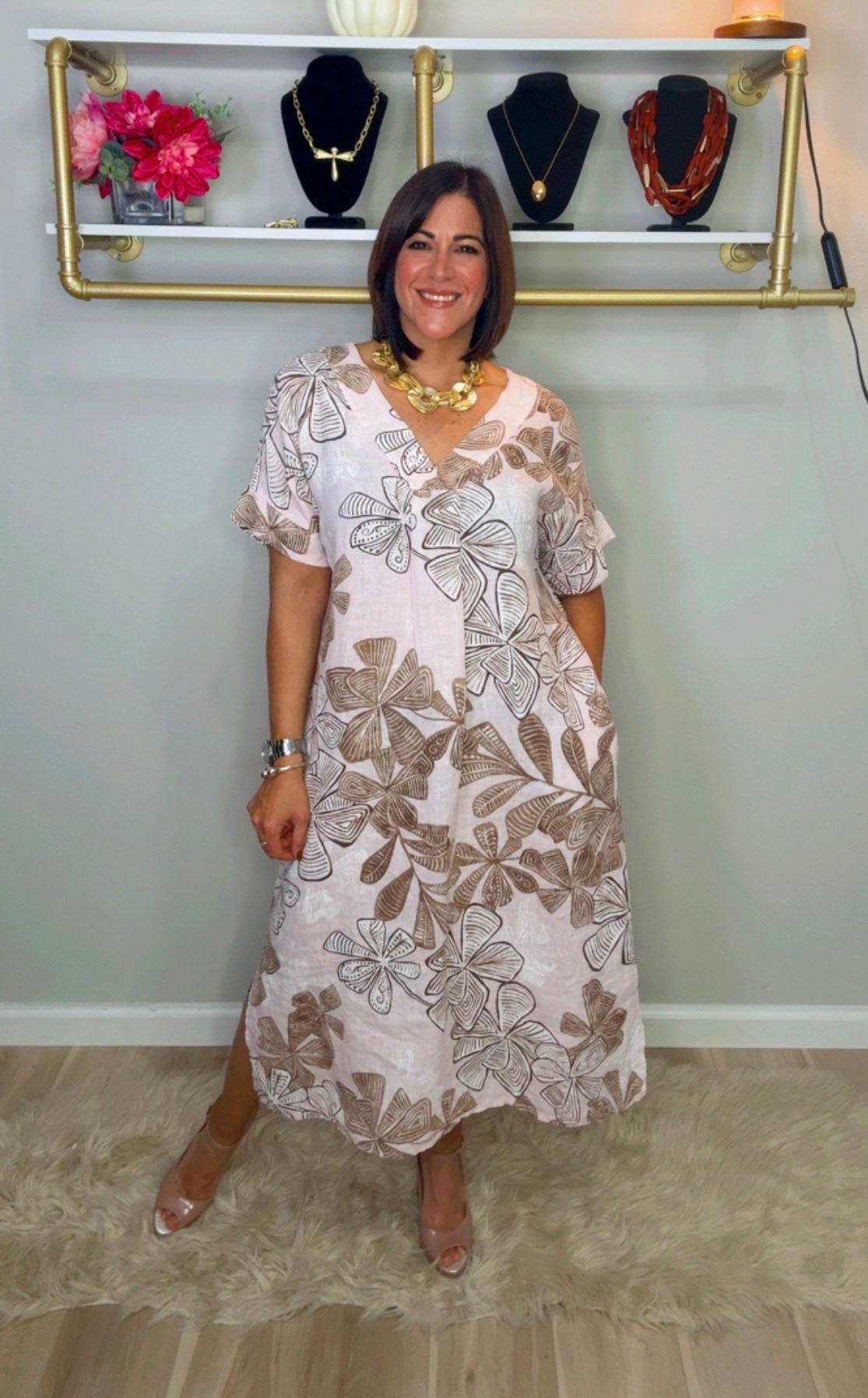 Italian Linen V Neck Stamped Dress