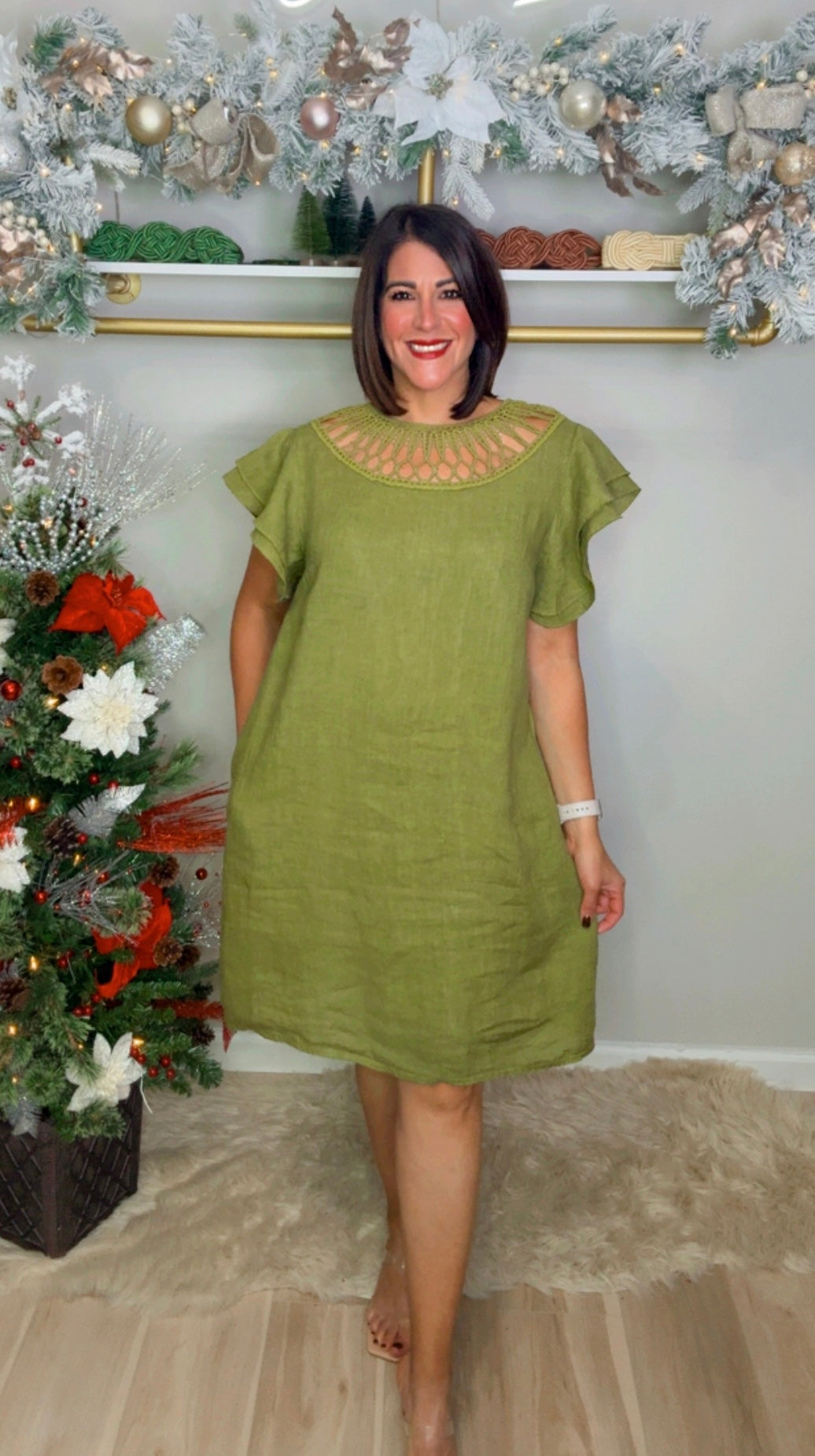 Italian Neck Detail Linen Dress