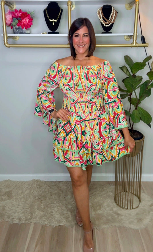 Off Shoulder Stamped Short Dress