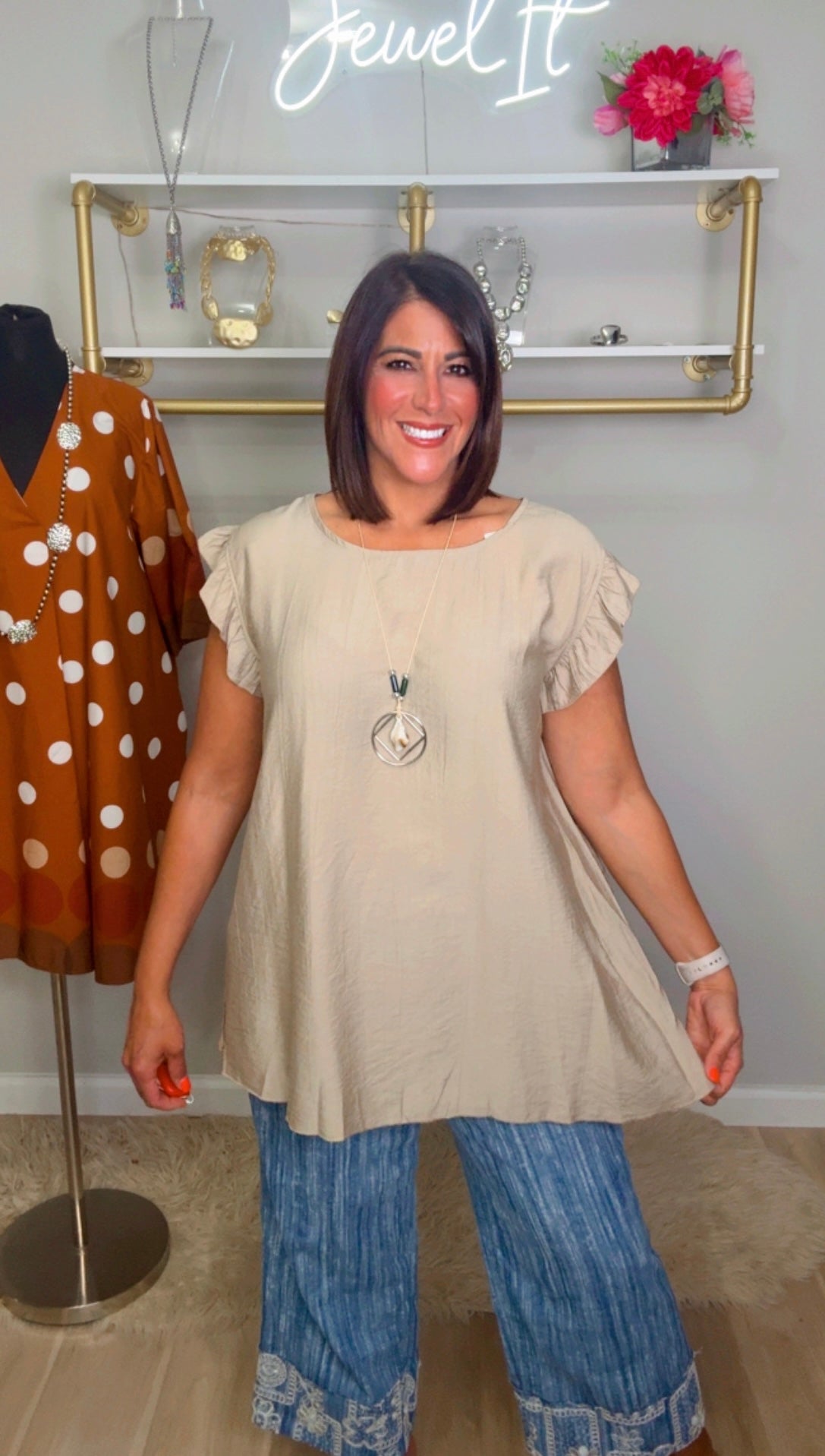 Italian Ruffle Sleeves Blouse with necklace