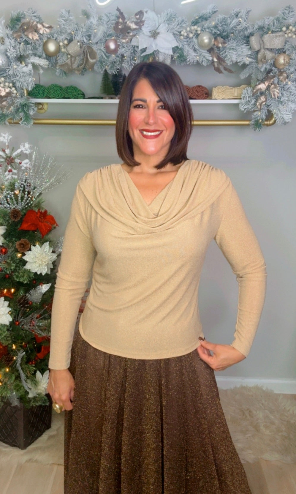 Italian Lurex Cascade Neck Blouse.