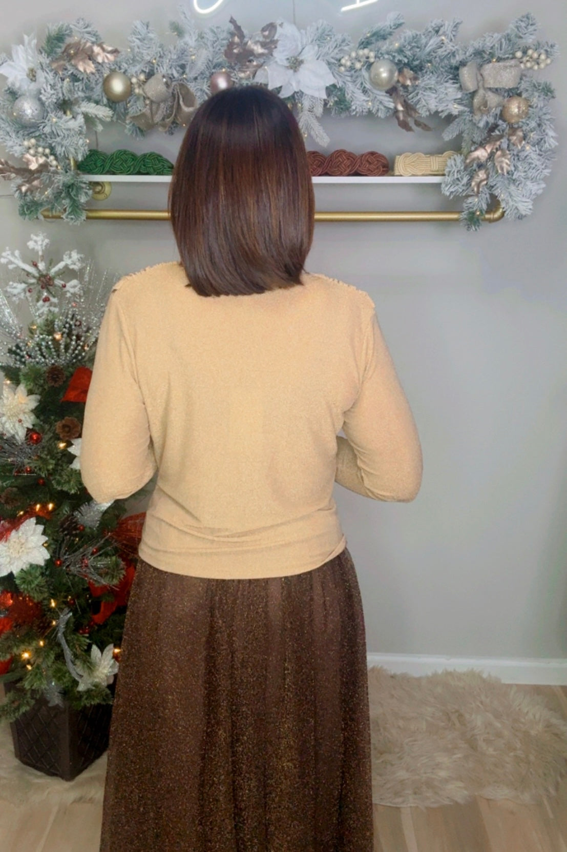 Italian Lurex Cascade Neck Blouse.