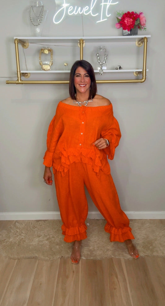 Italian Linen Ruffle Pant Set