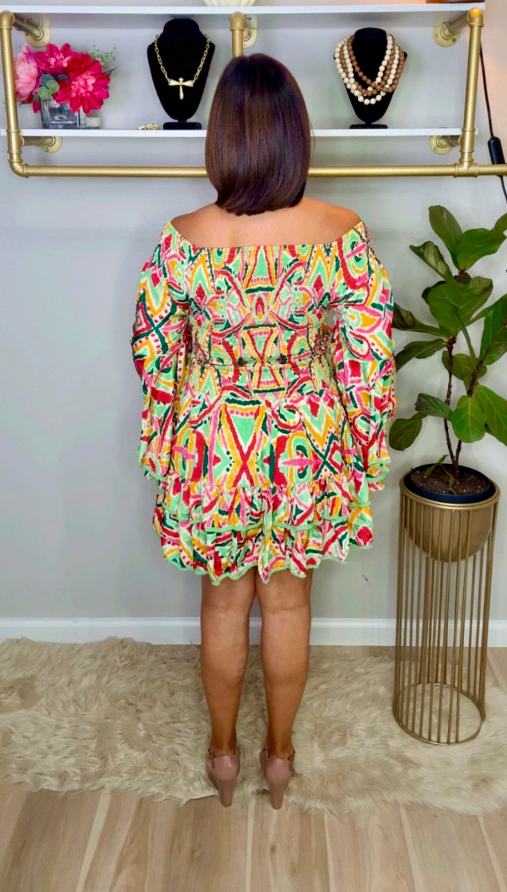 Off Shoulder Stamped Short Dress