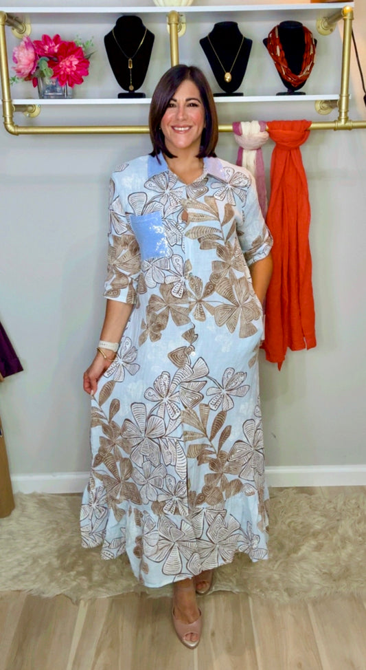 Italian Neck Sequin Linen Dress