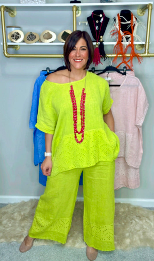 Italian Linen Eyelet Pant Set
