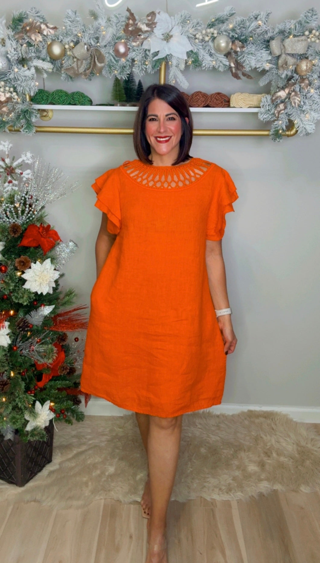 Italian Neck Detail Linen Dress