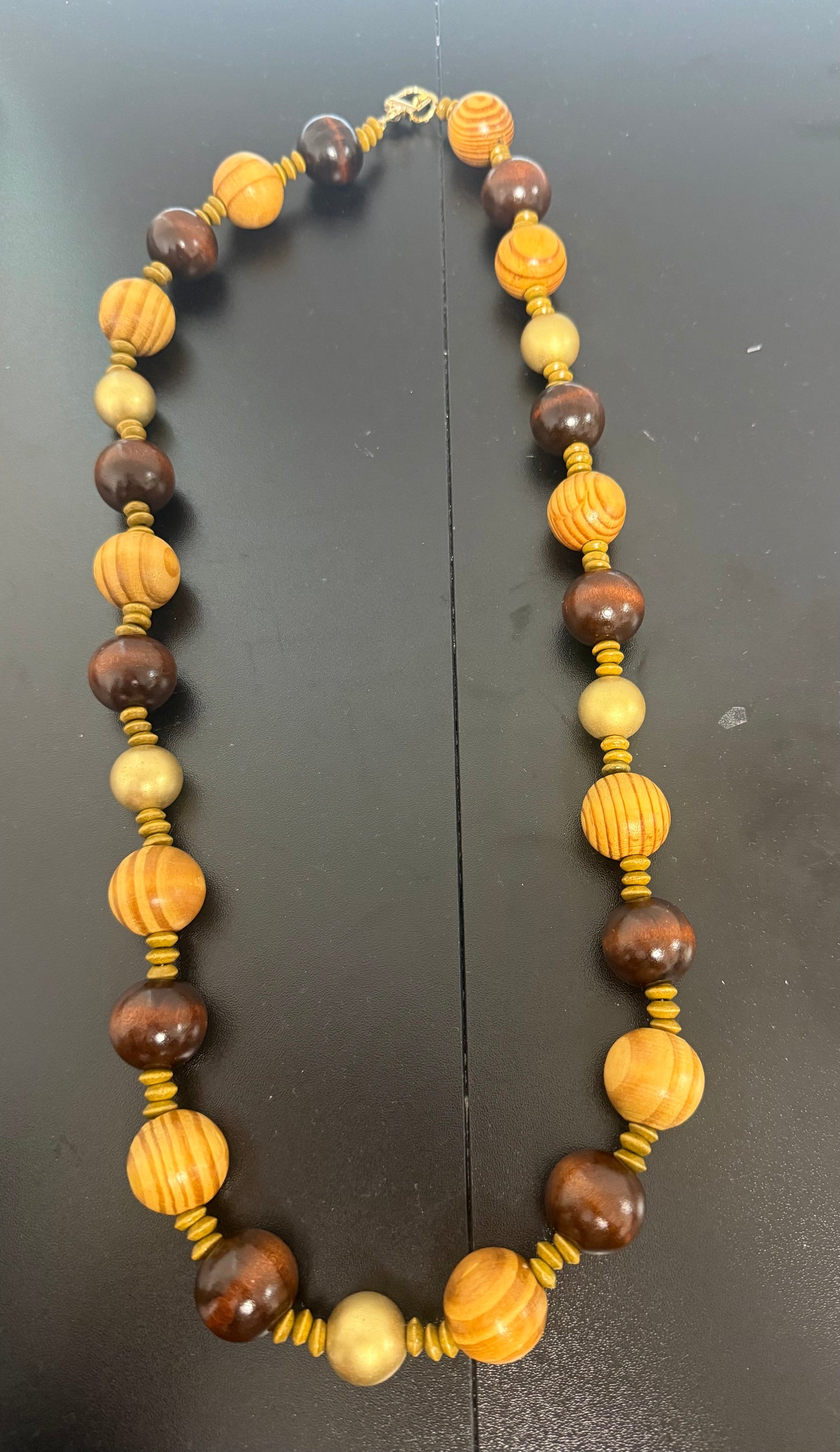 Gold/ Wood Sphere Long Necklace